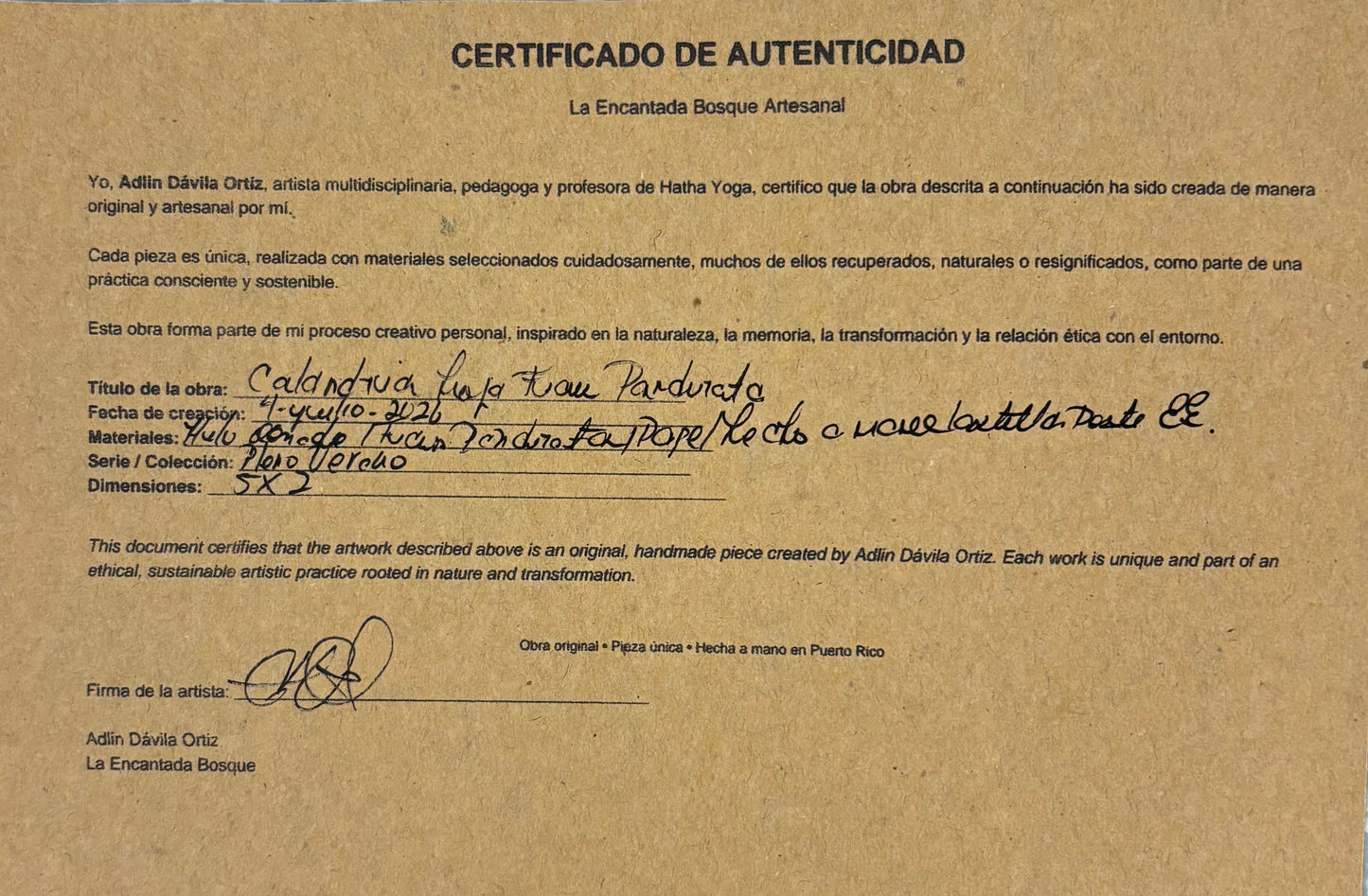 Adlin Dávila Ortiz - OBRA ORIGINAL "CALANDRIA EN PANDURATA"