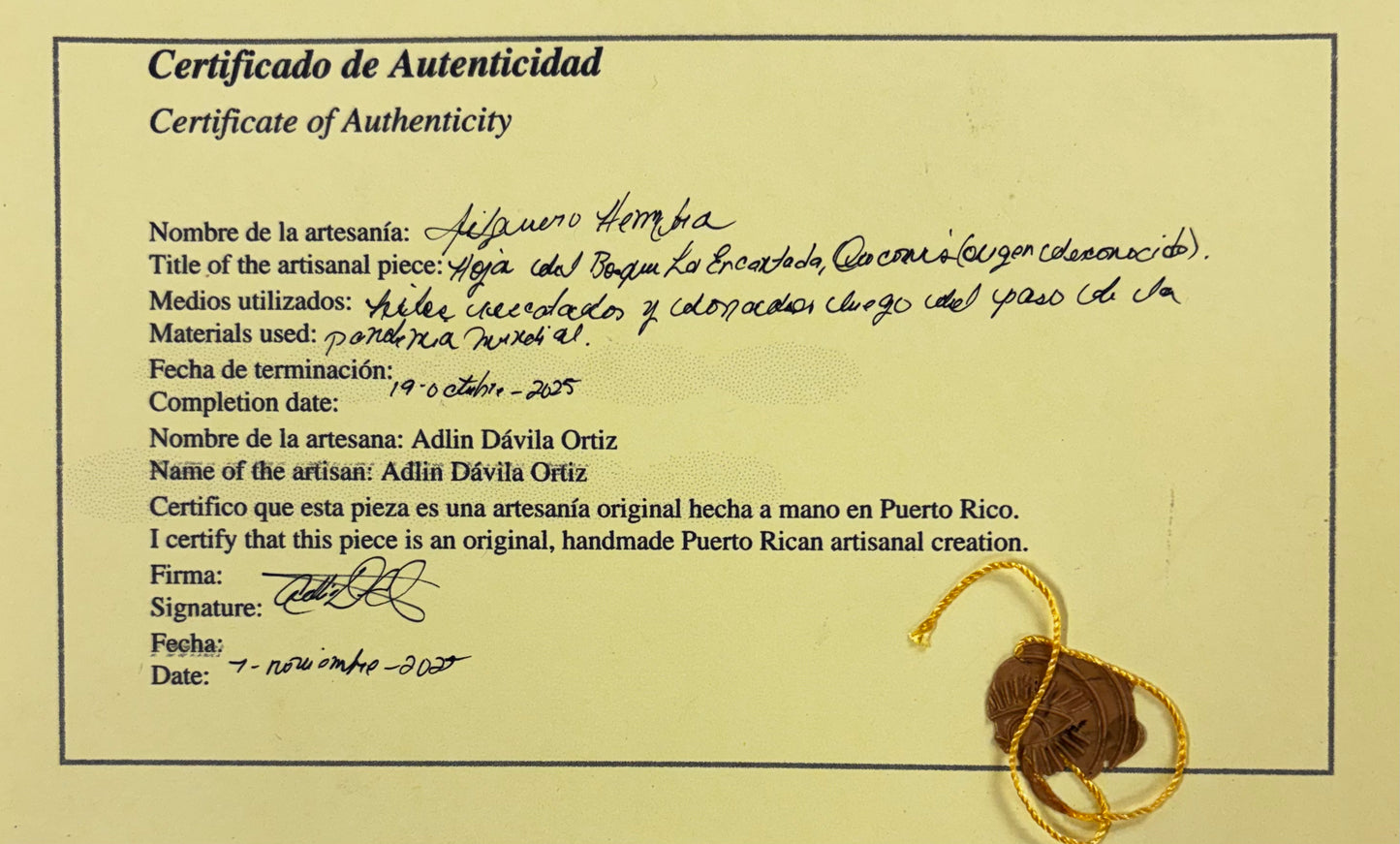 Adlin Dávila Ortiz - OBRA ORIGINAL "JILGUERO HEMBRA"
